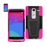 REIKO LG LS675 HYBRID HEAVY DUTY CASE WITH KICKSTAND IN HOT PINK BLACK