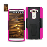 REIKO LG V10 HYBRID HEAVY DUTY CASE WITH KICKSTAND IN HOT PINK BLACK