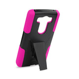 REIKO LG V10 HYBRID HEAVY DUTY CASE WITH KICKSTAND IN HOT PINK BLACK